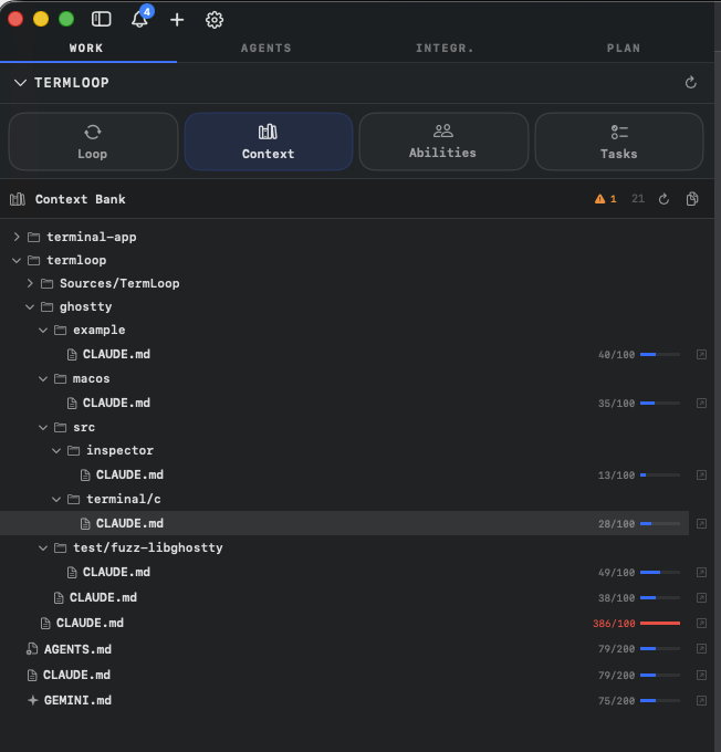 Context Bank cataloging CLAUDE.md files across the project with usage scores